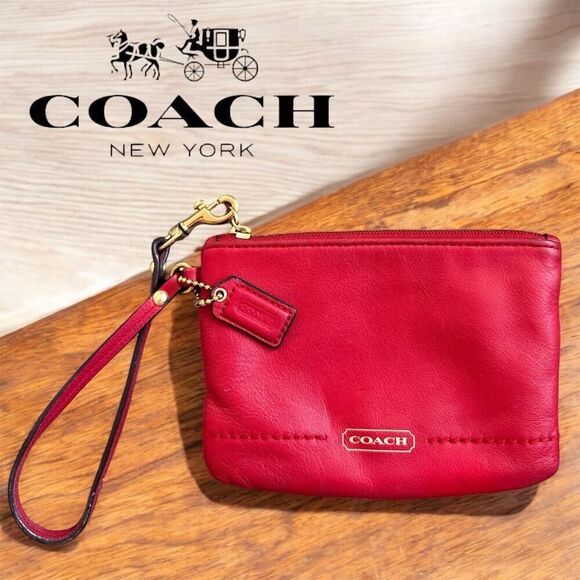 Coach Women's Red Leather Gold Logo Accents Coin Wristlet Strap Clutch Bag Purse - Picture 1 of 11